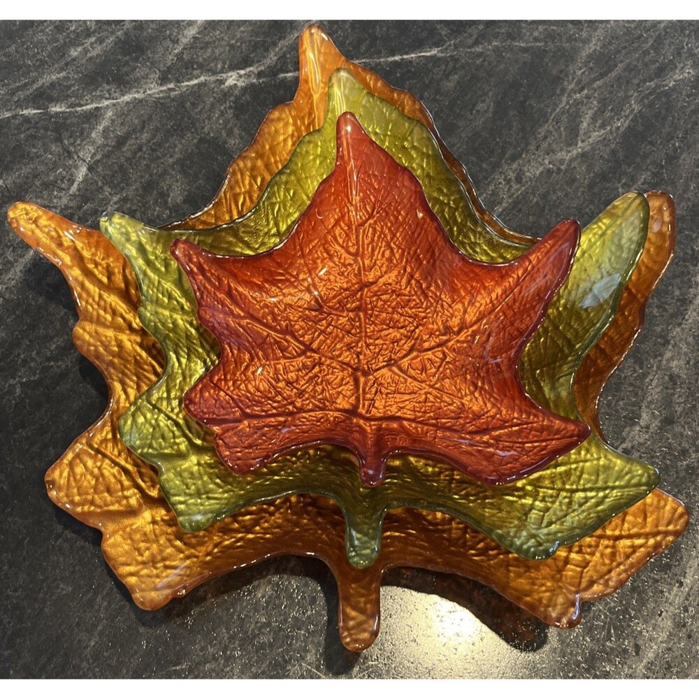 Set of 3 Iridiscent Glass Leaf Tray Turkish Style  Artisanal Trays